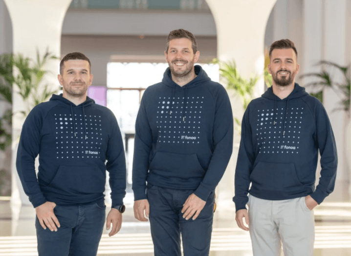The three founders of Fonoa stand next to each other wearing Fonoa hoodies.