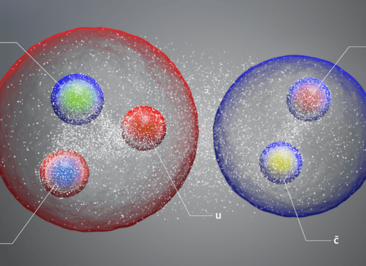 Illustration showing two exotic particles containing quarks.
