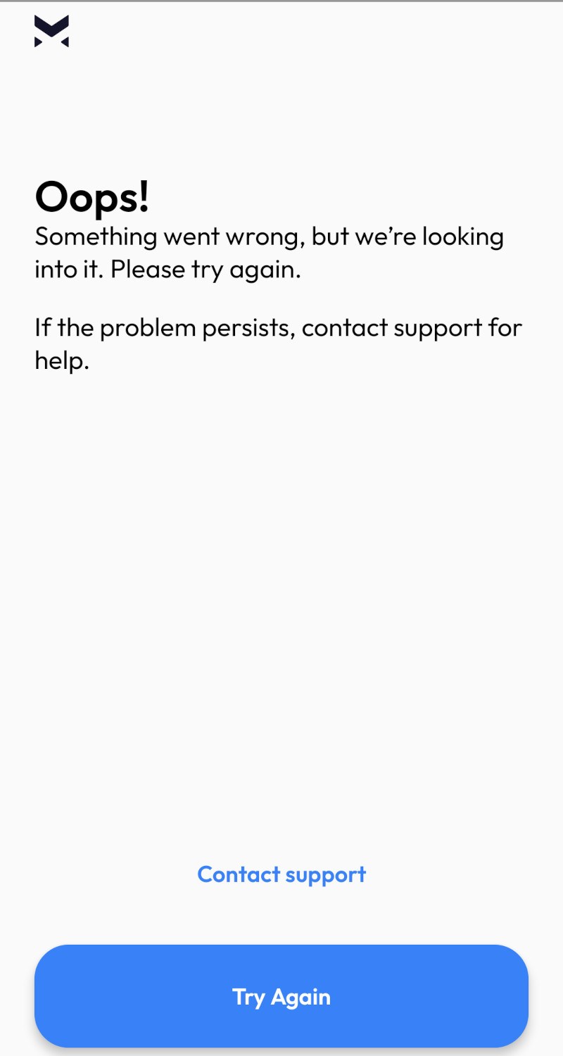 A screenshot of the Manna app showing an error message. ‘Oops, something went wrong,’ it reads.