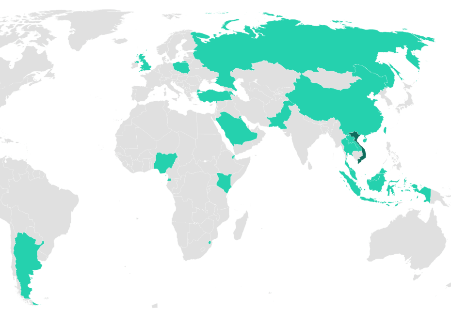 A map of the world with some countries highlighted in green. Used to represent where organisations have been targeted by the SessionManager malware.