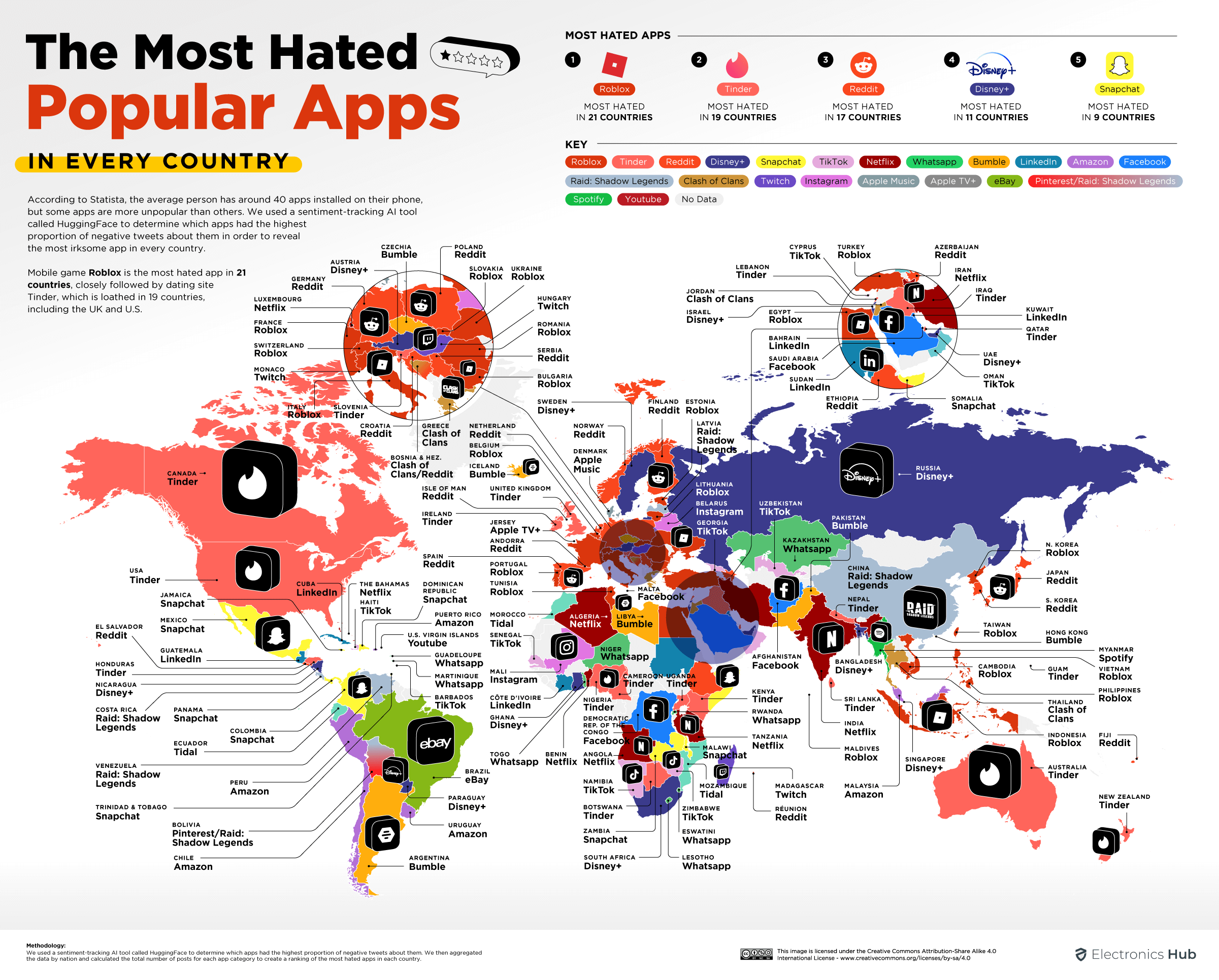Infographic of the most hated apps in the world by country.