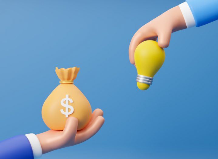 Cartoon showing a businessperson handing a bag with money to a person holding a lightbulb on a blue background.