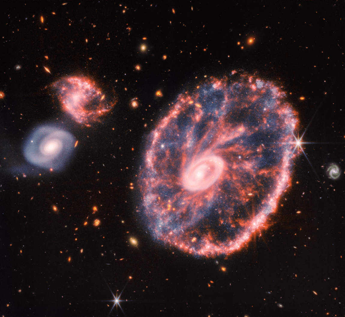 A large red galaxy with two smaller galaxies to the left and multiple small planets and galaxies visible in distant space.