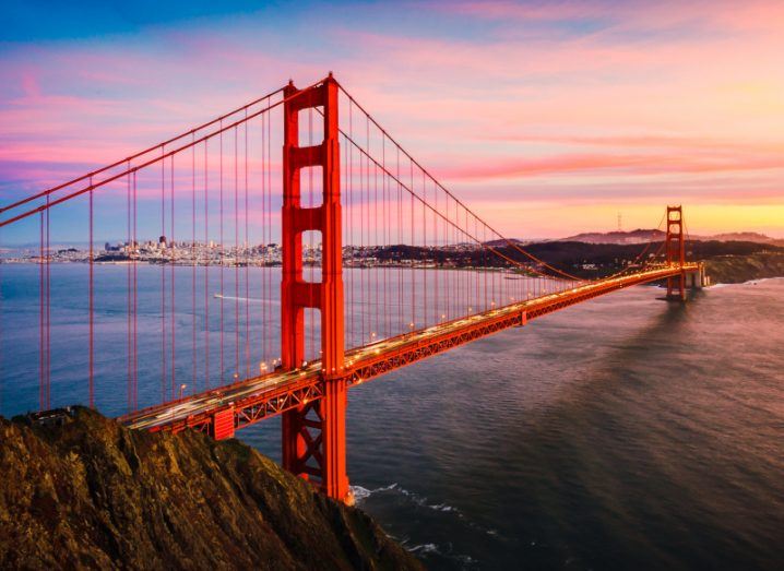 The Golden Gate Bridge in San Francisco during sunset.