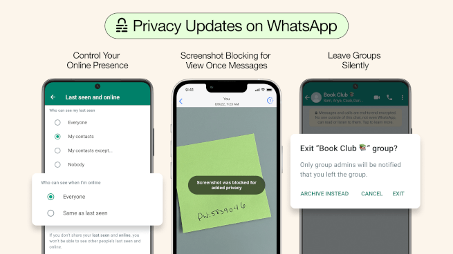 Three separate screenshots of what the new privacy updates will look like on WhatsApp.
