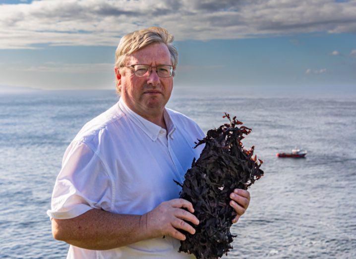 Pure Ocean Algae CEO and founder Michael O'Neill holding seaweed in his hands and standing against a backdrop of the ocean.