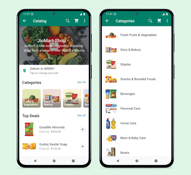 Two smartphone screens showing the JioMart catalogue of products on WhatsApp across different categories.