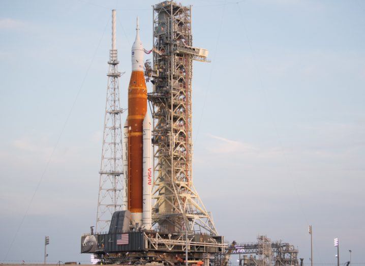 The Orion spacecraft sits on a launch pad as the Artemis 1 mission prepares for launch.