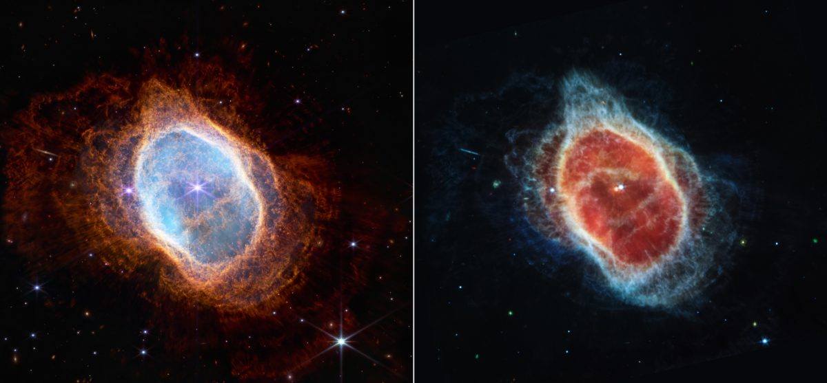Dos imágenes en diferentes colores de una nebulosa planetaria.  La estrella aparece en el centro de la nebulosa.