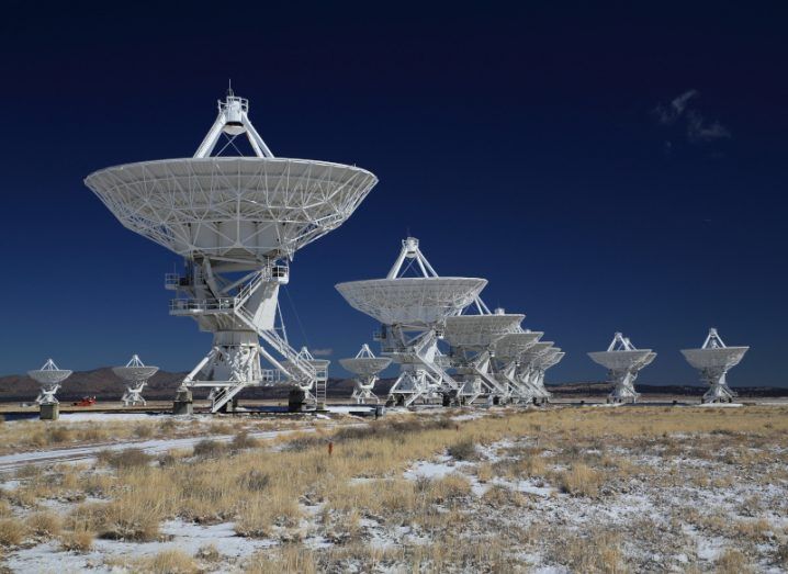 Satellite dishes in the Very Large Array, which have been used to search for life on other planets.