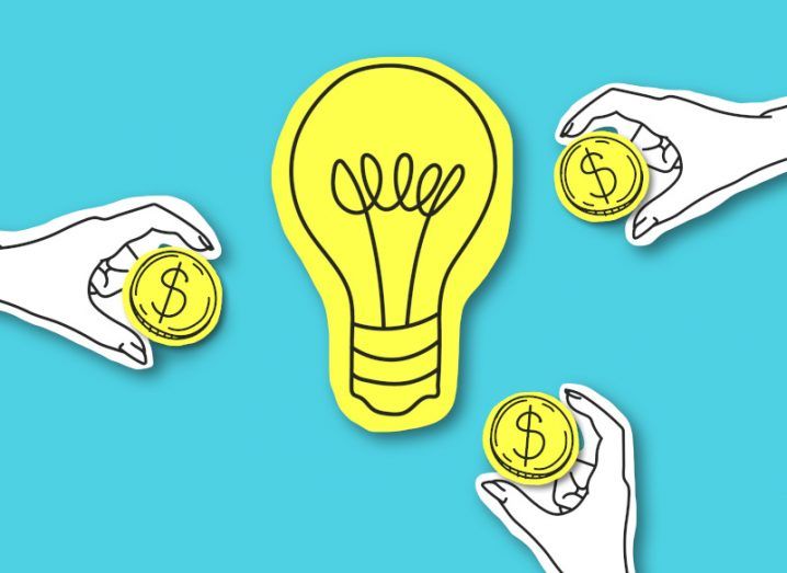 Cartoon drawing of hands holding dollar coins out to a lightbulb in an idea funding concept.