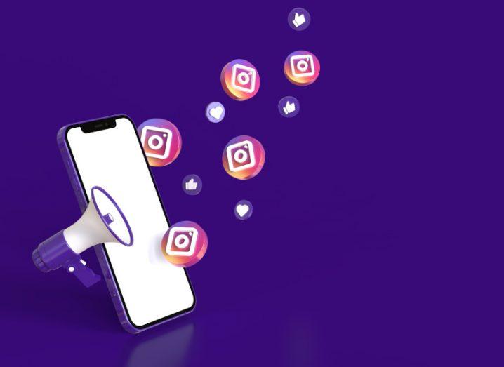Smartphone with loudspeaker and Instagram icons floating around it on a purple background.