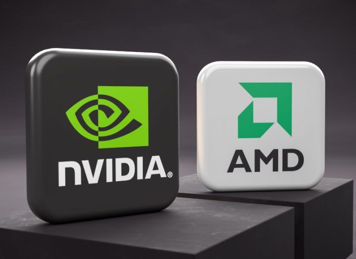 Nvidia and AMD logos on square blocks, resting on pedestals in a dark grey room.