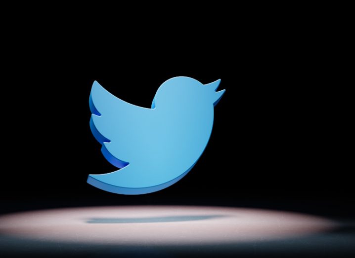 The blue bird from the Twitter logo hovers in a spotlight against a black background.