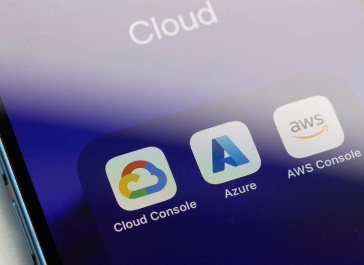 A phone screen showing the apps for cloud offerings from Amazon, Google and Microsoft.