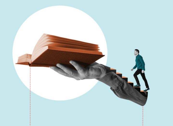 A graphic collage showing a person's hand holding an open book. A man is climbing up to access the book.