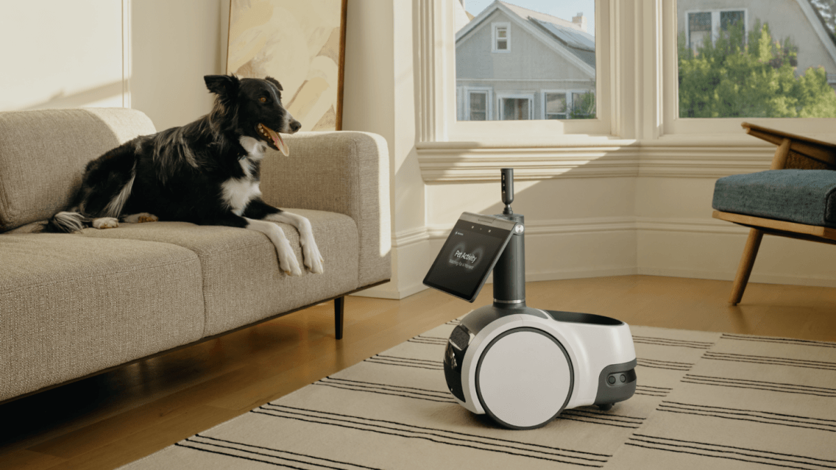 An Amazon Astro robot in a house with a dog resting on a couch looking at it.