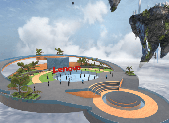 A digital world with characters standing around a floating island with the Lenovo logo behind a pool of water. An image from Engage Link, made by Engage XR.