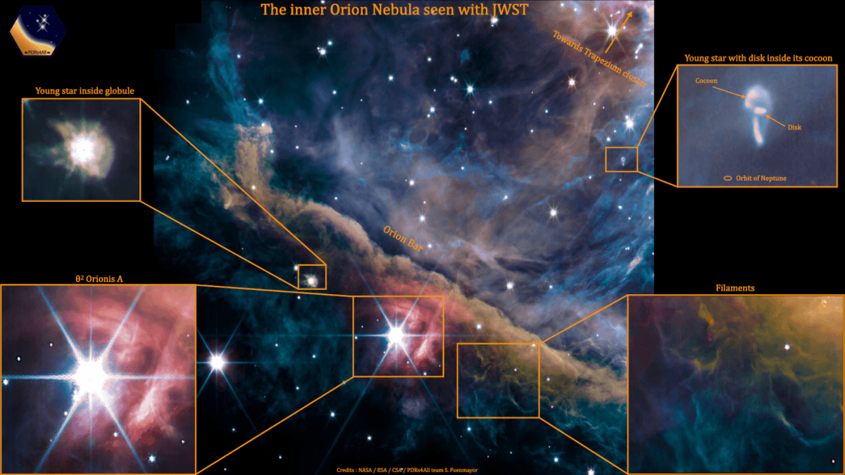 An image of a part of the Orion Nebula, showing bright stars and gasses. Certain parts of the image are zoomed in to highlight unique parts, such as specific stars or filaments. Taken from the James Webb Space Telescope.