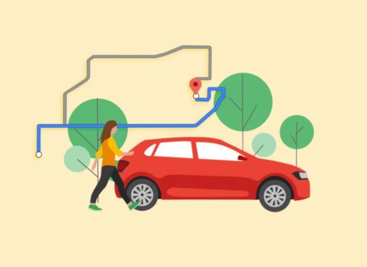 Illustration of a woman walking next to a red car with trees in a background. Two route options can be seen above, one in blue and the other in green, signifying the eco-friendly routing feature on Google Maps.