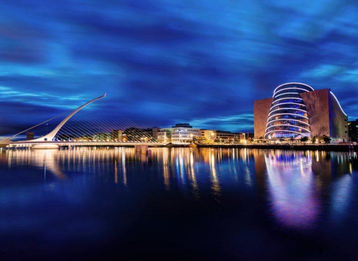 Dublin skyline with the Samuel Beckett Bridge over the river Liffey and the Convention Centre visible in the background.