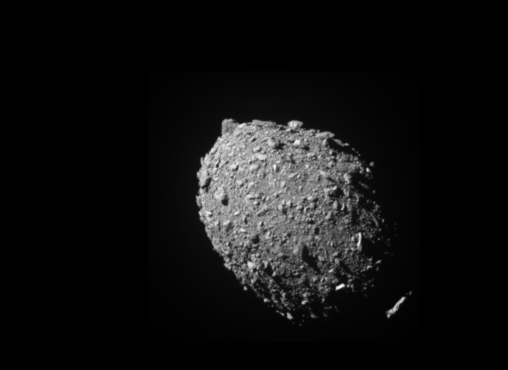 A small grey asteroid moonlet in space, viewed from the NASA DART spacecraft.