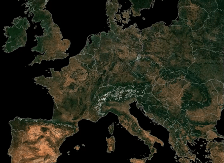 An image of Europe, with some regions a vibrant green and some a desert brown. The image was taken from an EU satellite and shows the impact of a recent drought.