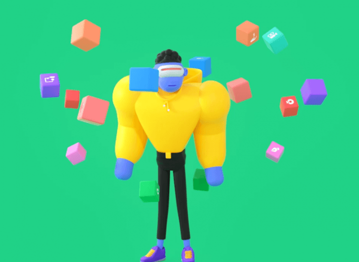 A blue animated character in a yellow jumper looking at floating shapes in a green background. An image used by Polywork.