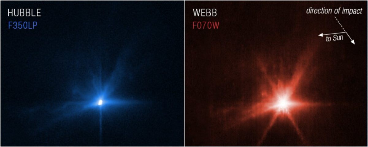 Two images side by side, with Hubble's on the left and Webb's on the right. The images show the impact of NASA's DART spacecraft after it impacted an asteroid, with blue lighting on the left and red lighting on the right.