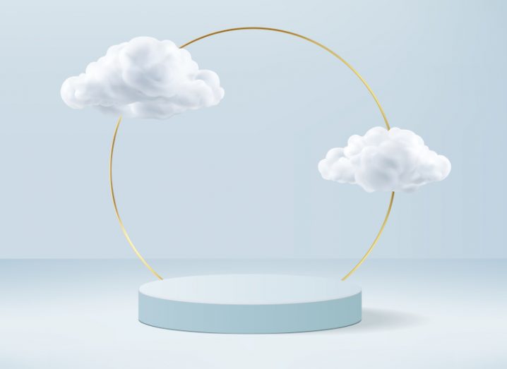 Illustration of two clouds connected by a golden ring attached to a podium, representing cloud migration.