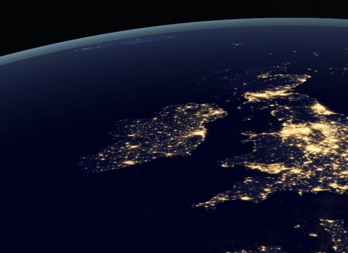 An image of Ireland and the UK from space at night, with lights visible across the country.