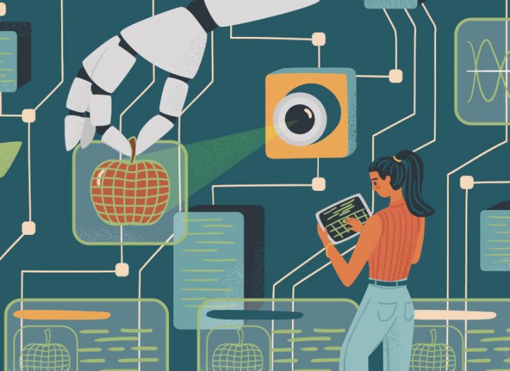 Illustration of a woman working in AI. She is using a tablet computer as she observes the performance of a camera equipped with computer vision technology scanning an apple that is being selected by a robotic hand.
