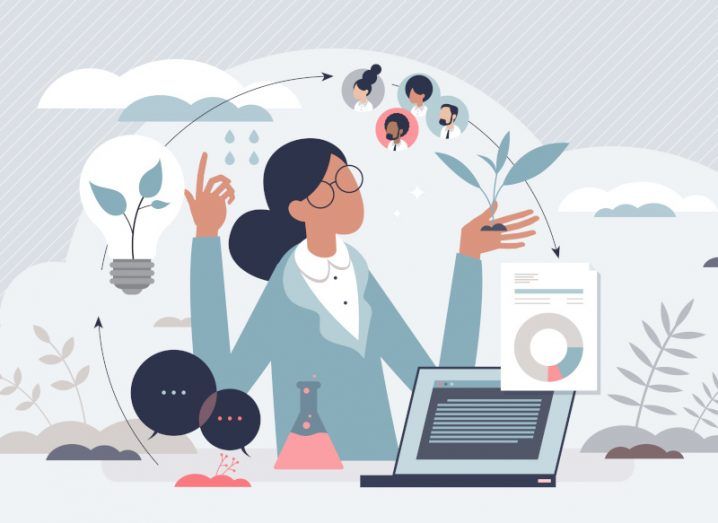 Cartoon of a woman doing science research.