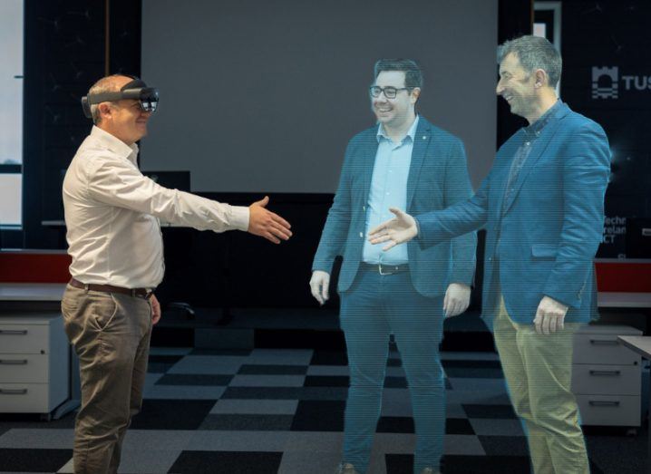 Dr Niall Murray, Transmixr project coordinator and researcher at TUS, showcases a metaverse type simulated environment where VR users can meet, interact, and participate in shared activities using social VR.