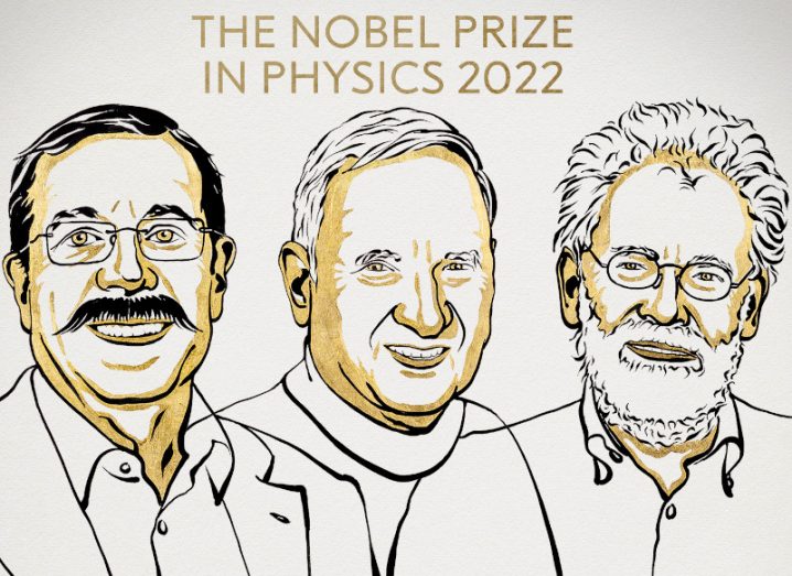 Drawings of three men who were awarded the Nobel Prize in Physics in 2022. They are Alain Aspect, John F Clauser and Anton Zeilinger.