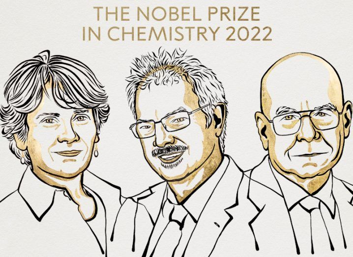 Drawings of a woman and two men, who won the 2022 Nobel Prize in Chemistry.