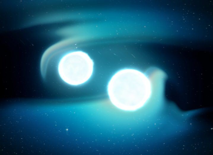 Illustration of two bright neutron stars next to each other, with light swirling from them both in a dark background.
