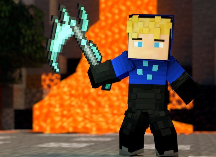 A Minecraft character holding a scythe with lava in the background.