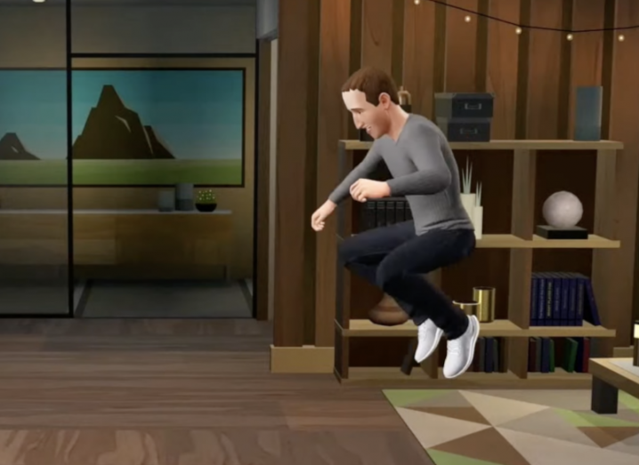 Meta CEO Mark Zuckerberg's look-alike avatar jumps in a VR world.