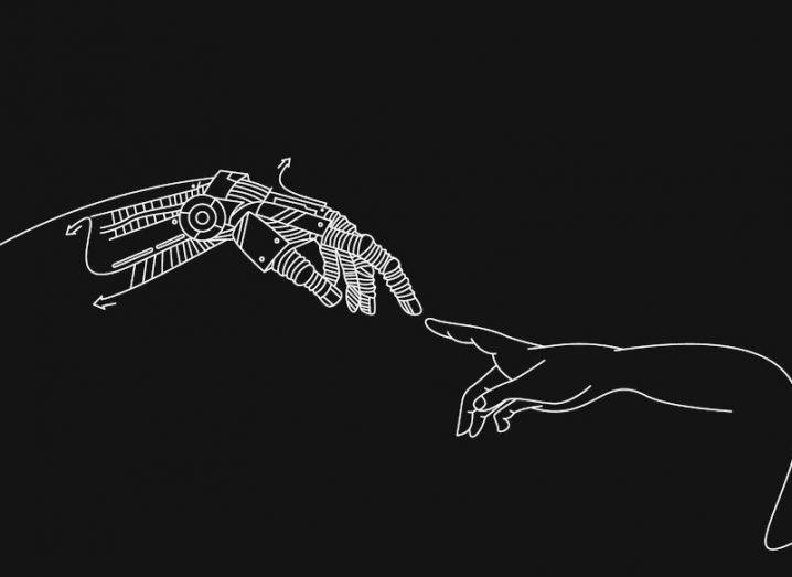A sketch of a robotic hand reaching out to touch a human hand.