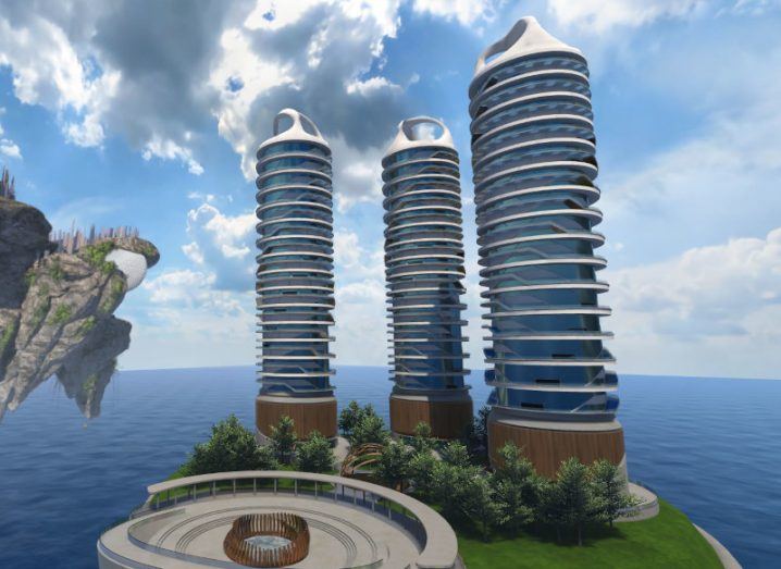 A virtual world with a floating island that has three tall buildings and a small plaza on it, with a blue sky with grey clouds in the background. It is the Engage Link metaverse platform, created by Engage XR.