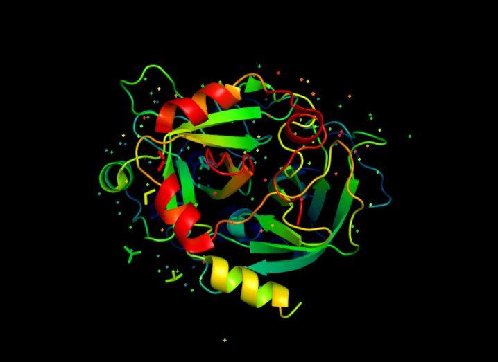 Illustration of a protein, with different coloured parts folding in different directions, with a black background.