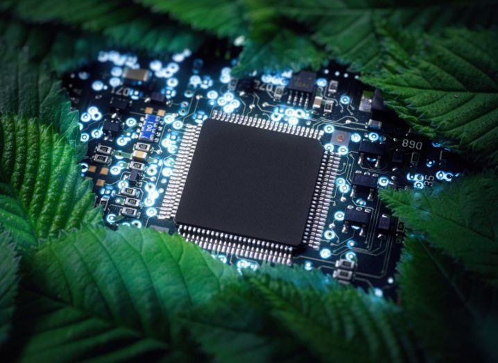 A black square semiconductor on a motherboard with blue lights, surrounded by green leaves.