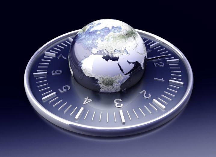 A globe in the middle of a clock, in a dark background. Used to represent Coordinated Universal Time and the leap second.