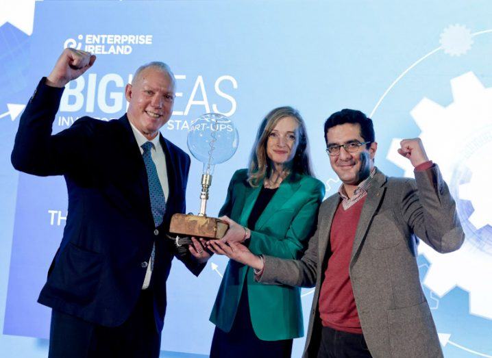The founders of Nanobox are being given their award by Marina Donohoe at the Enterprise Ireland Big Ideas event.