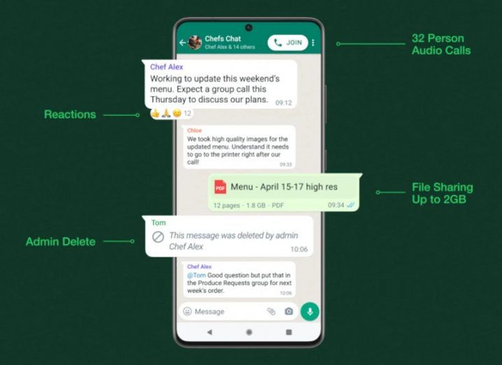 Smartphone screen showing the various new features on WhatsApp Communities.