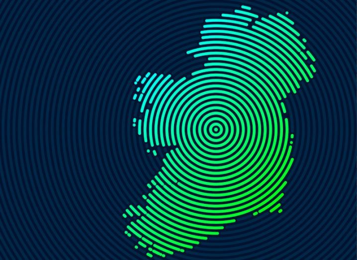 Illustration of a map of the island of Ireland with a green concentric circles design.