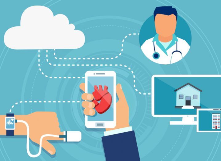 A hand holding a phone with a heart on the screen. Lines connect the phone to other things such as a cloud, another hand with a wearble medical device and a computer screen.