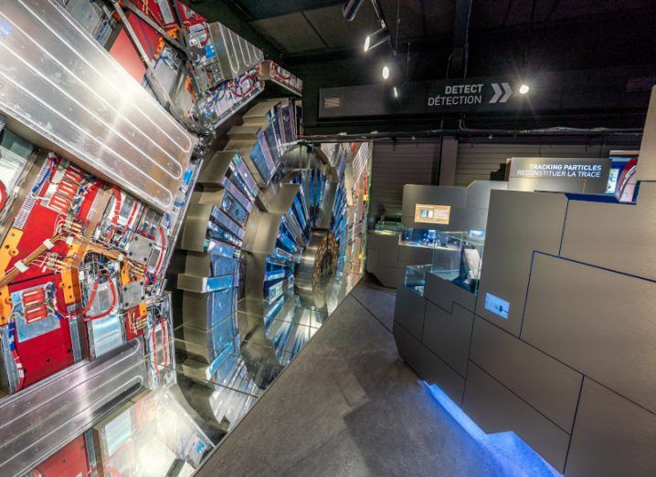 The Large Hadron Collider at CERN, showing various wires and components of the machine.