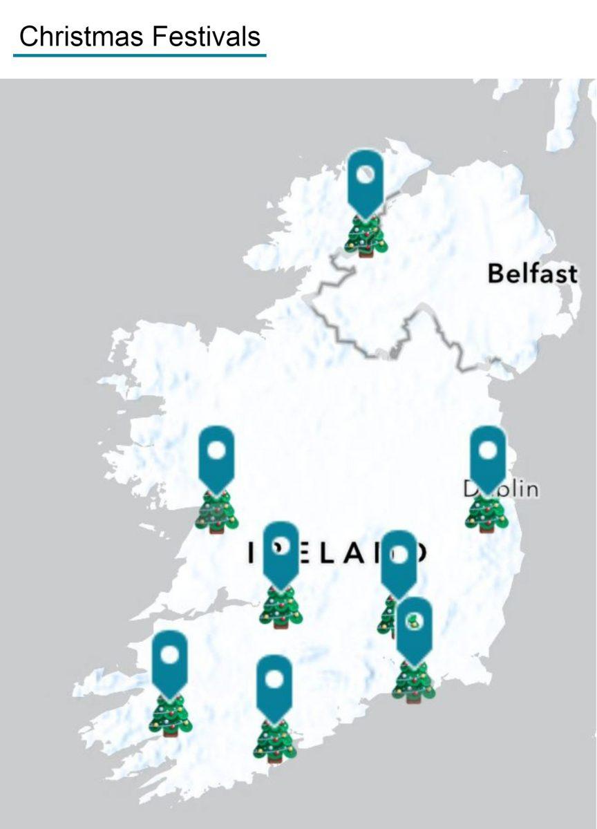 A map of Ireland with Christmas tree icons on certain locations, with pin icons above them.